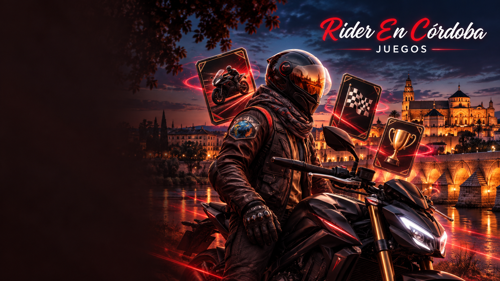 Rider en Córdoba: motorista, cartas de competición y el Puente Romano al anochecer